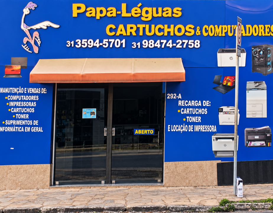 Fachada da Papa-Léguas Cartuchos e Computadores, Av. Nossa Sra. do Carmo, 292A, Centro de Betim